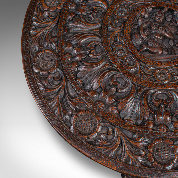 Antique Carved Circular Table, Indian, Teak, Colonial, Campaign, Victorian, 1900