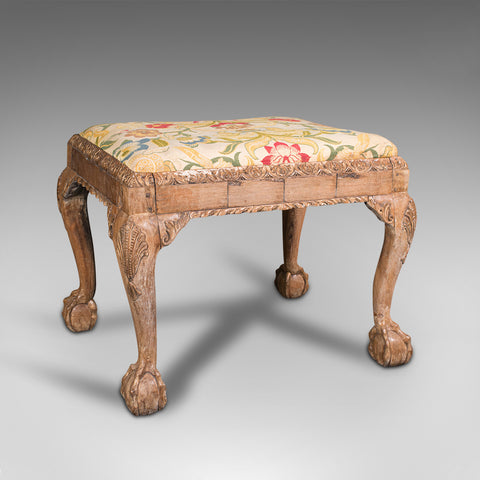 Antique Carved Stool, English, Walnut, Hall, Dressing, Foot Rest, Georgian, 1750