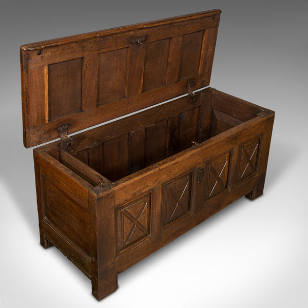 Large Antique Four Panel Coffer, Scottish, Oak, Chest, Window Seat, Georgian