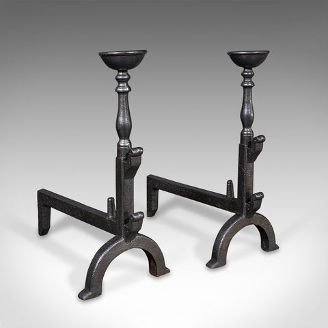 Pair, Large Antique Fire Dogs, English, Cast Iron, Fireplace Andiron, Victorian
