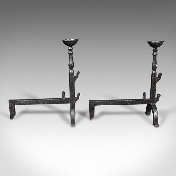 Pair, Large Antique Fire Dogs, English, Cast Iron, Fireplace Andiron, Victorian