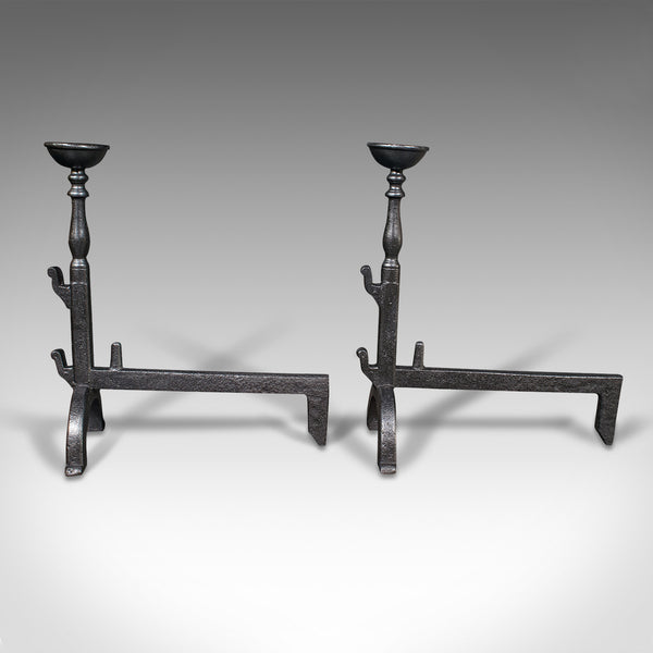 Pair, Large Antique Fire Dogs, English, Cast Iron, Fireplace Andiron, Victorian