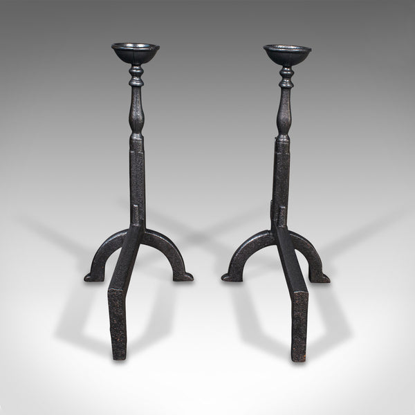Pair, Large Antique Fire Dogs, English, Cast Iron, Fireplace Andiron, Victorian