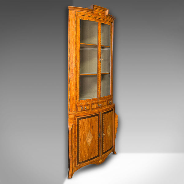 Antique Showcase Corner Cabinet, Dutch, Satinwood, Display Case, Victorian, 1880