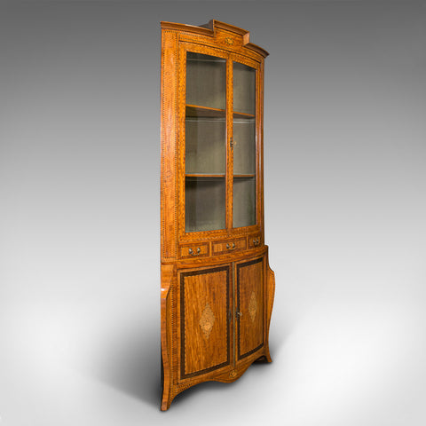 Antique Showcase Corner Cabinet, Dutch, Satinwood, Display Case, Victorian, 1880