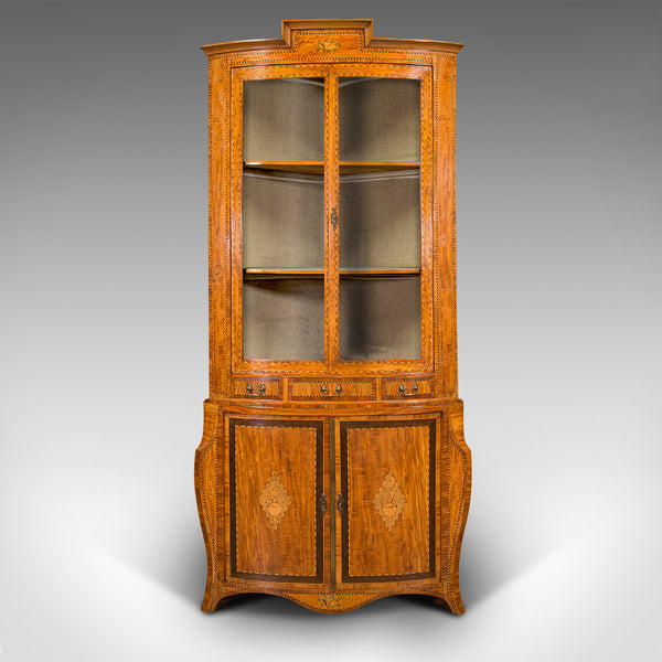 Antique Showcase Corner Cabinet, Dutch, Satinwood, Display Case, Victorian, 1880