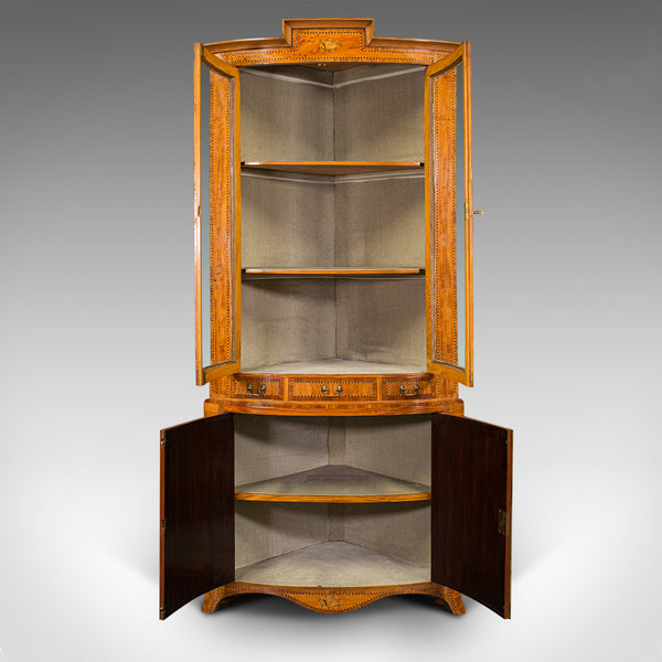 Antique Showcase Corner Cabinet, Dutch, Satinwood, Display Case, Victorian, 1880