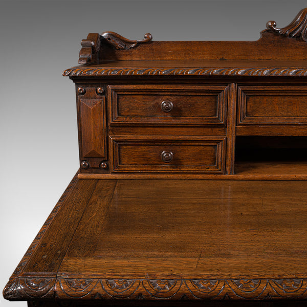 Antique Carved Correspondence Desk, Scottish Oak, Writing Table, Early Victorian