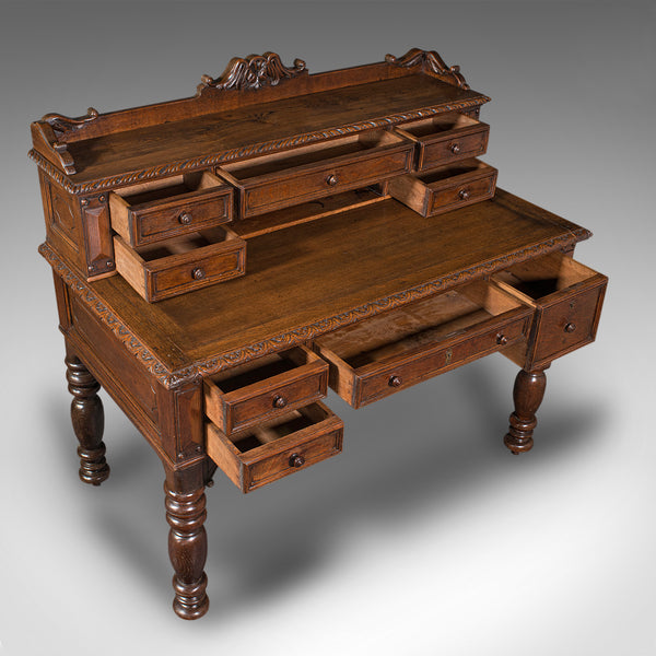 Antique Carved Correspondence Desk, Scottish Oak, Writing Table, Early Victorian