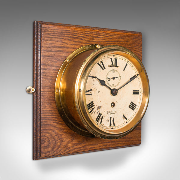 Vintage Ship's Bulkhead Clock, English, Brass, Oak, Maritime, Early 20th Century