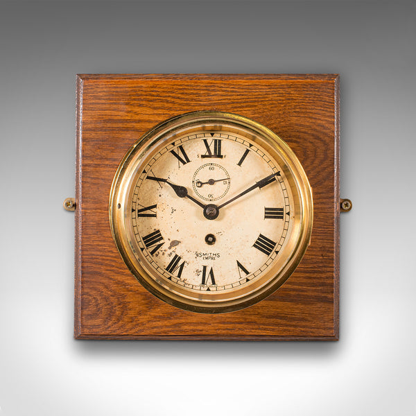 Vintage Ship's Bulkhead Clock, English, Brass, Oak, Maritime, Early 20th Century