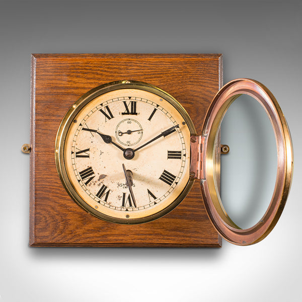 Vintage Ship's Bulkhead Clock, English, Brass, Oak, Maritime, Early 20th Century