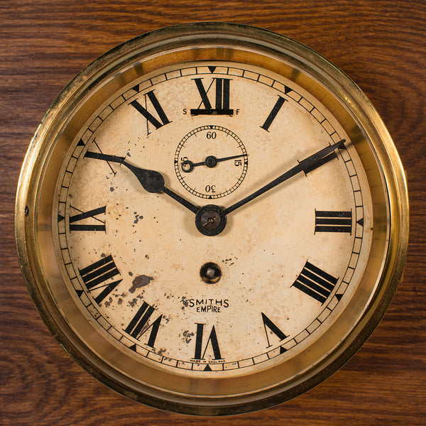 Vintage Ship's Bulkhead Clock, English, Brass, Oak, Maritime, Early 20th Century