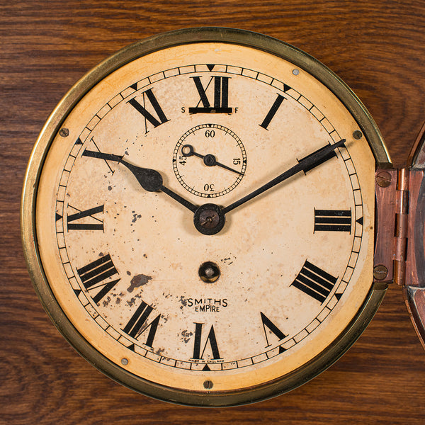 Vintage Ship's Bulkhead Clock, English, Brass, Oak, Maritime, Early 20th Century