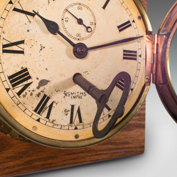Vintage Ship's Bulkhead Clock, English, Brass, Oak, Maritime, Early 20th Century