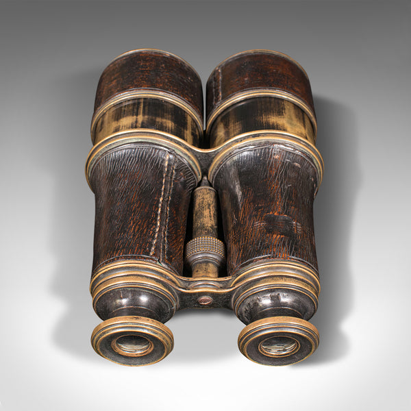 Pair Of Antique Binoculars, English, Brass, Leather, Optical Instrument, C.1920