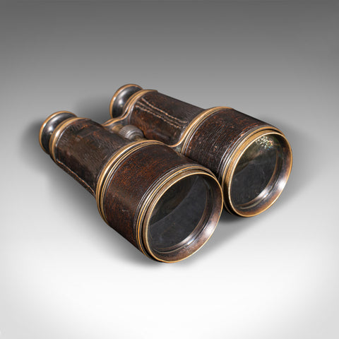 Pair Of Antique Binoculars, English, Brass, Leather, Optical Instrument, C.1920