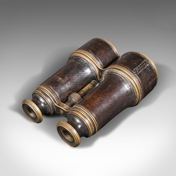 Pair Of Antique Binoculars, English, Brass, Leather, Optical Instrument, C.1920