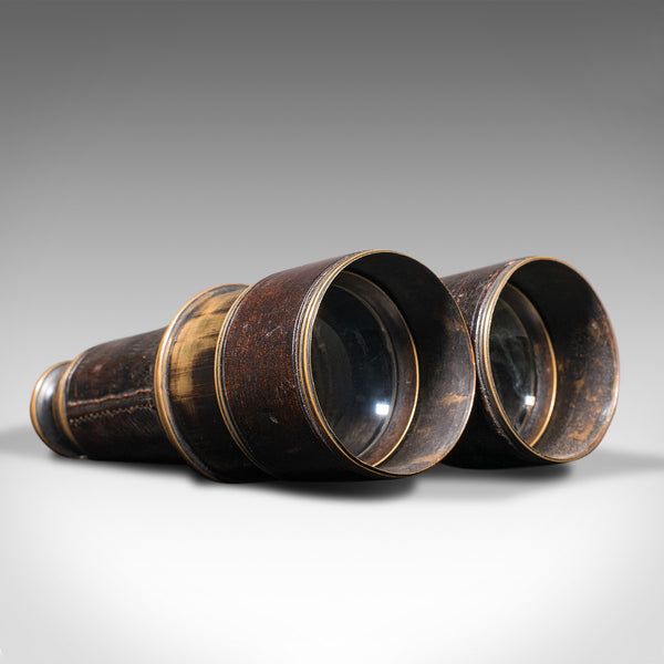 Pair Of Antique Binoculars, English, Brass, Leather, Optical Instrument, C.1920