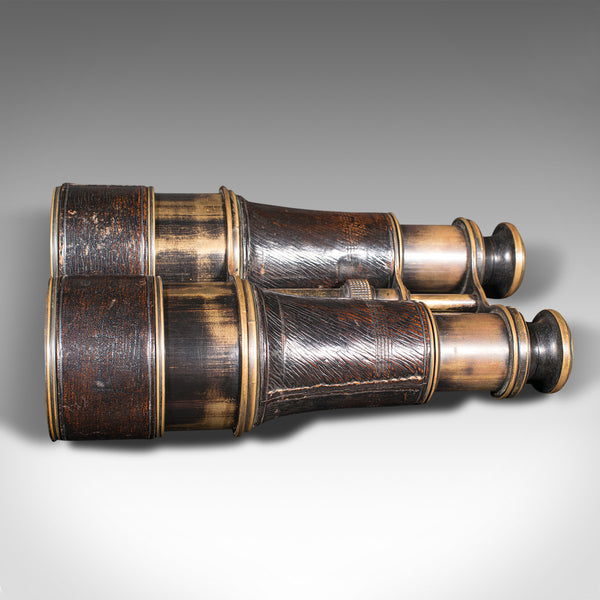 Pair Of Antique Binoculars, English, Brass, Leather, Optical Instrument, C.1920