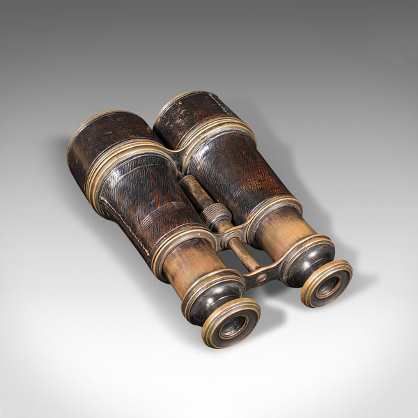 Pair Of Antique Binoculars, English, Brass, Leather, Optical Instrument, C.1920