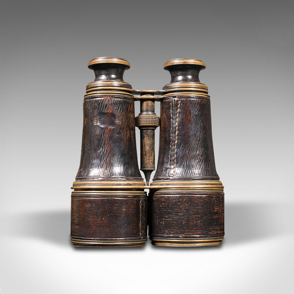 Pair Of Antique Binoculars, English, Brass, Leather, Optical Instrument, C.1920