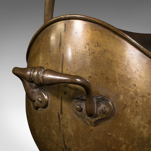 Antique Helmet Scuttle, English, Brass, Fireside, Coal, Log Bin, Victorian, 1880