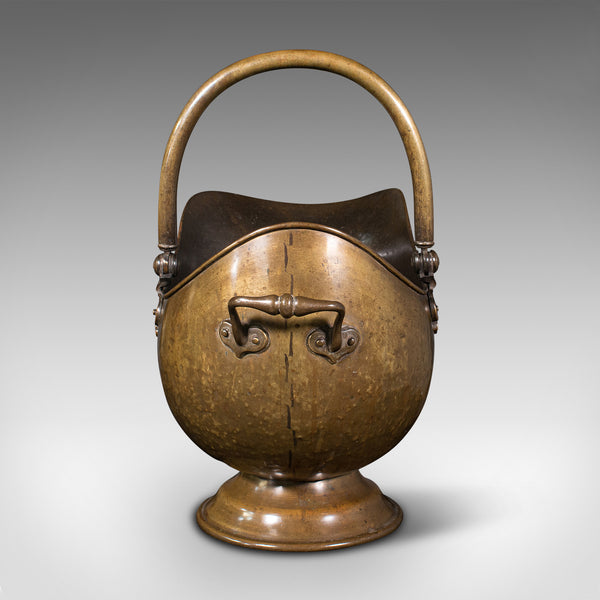 Antique Helmet Scuttle, English, Brass, Fireside, Coal, Log Bin, Victorian, 1880