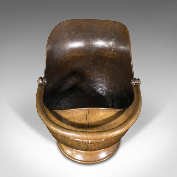 Antique Helmet Scuttle, English, Brass, Fireside, Coal, Log Bin, Victorian, 1880