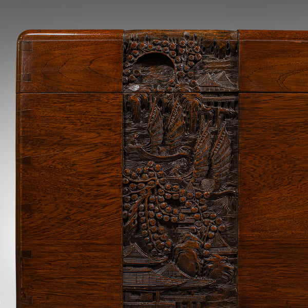 Large Vintage Carved Chest, Oriental, Camphorwood, Linen Trunk, Art Deco, C.1940