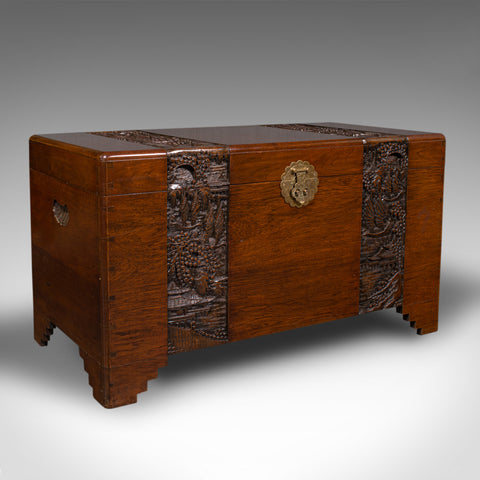 Large Vintage Carved Chest, Oriental, Camphorwood, Linen Trunk, Art Deco, C.1940