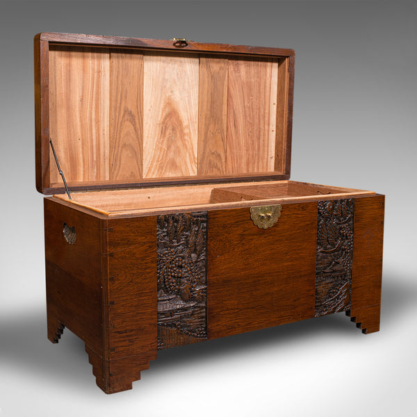 Large Vintage Carved Chest, Oriental, Camphorwood, Linen Trunk, Art Deco, C.1940