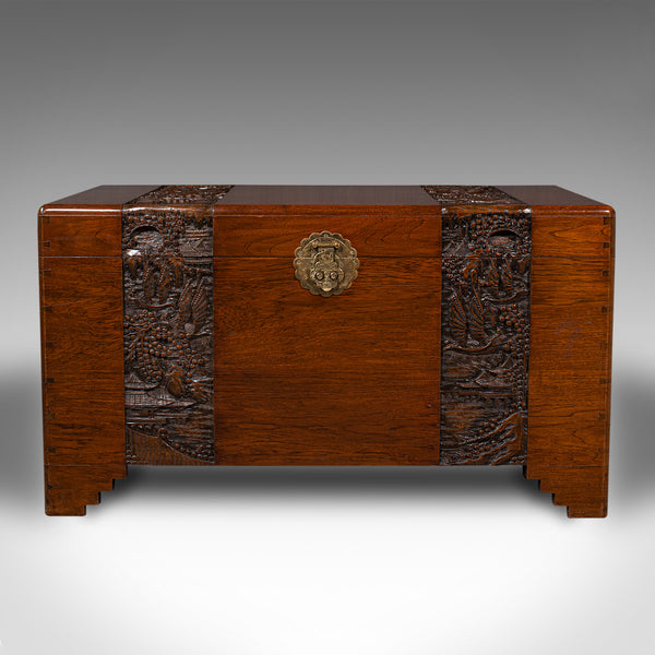 Large Vintage Carved Chest, Oriental, Camphorwood, Linen Trunk, Art Deco, C.1940