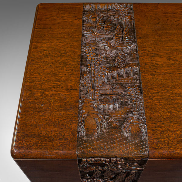 Large Vintage Carved Chest, Oriental, Camphorwood, Linen Trunk, Art Deco, C.1940