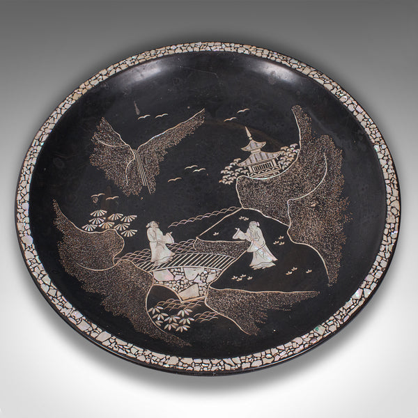 Antique Japanned Plate, English, Mother of Pearl, Wall Charger, Victorian, 1880