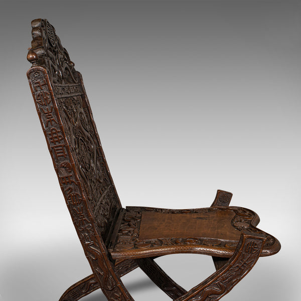 Antique Campaign Chair, Chinese, Carved, Folding Colonial Seat, Victorian, 1850