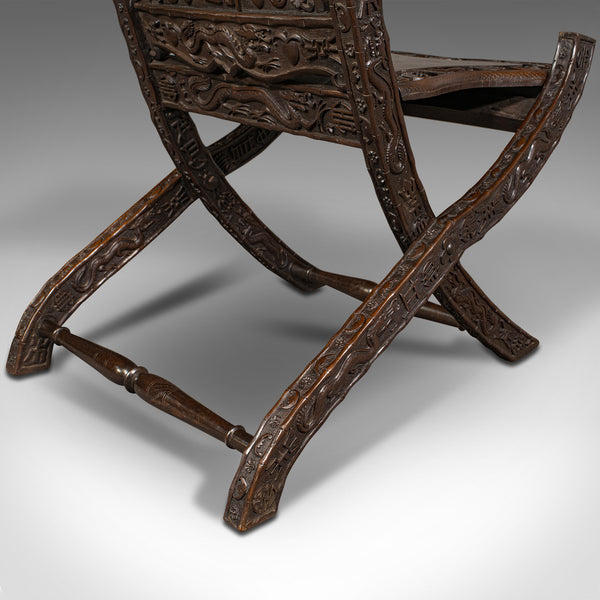 Antique Campaign Chair, Chinese, Carved, Folding Colonial Seat, Victorian, 1850