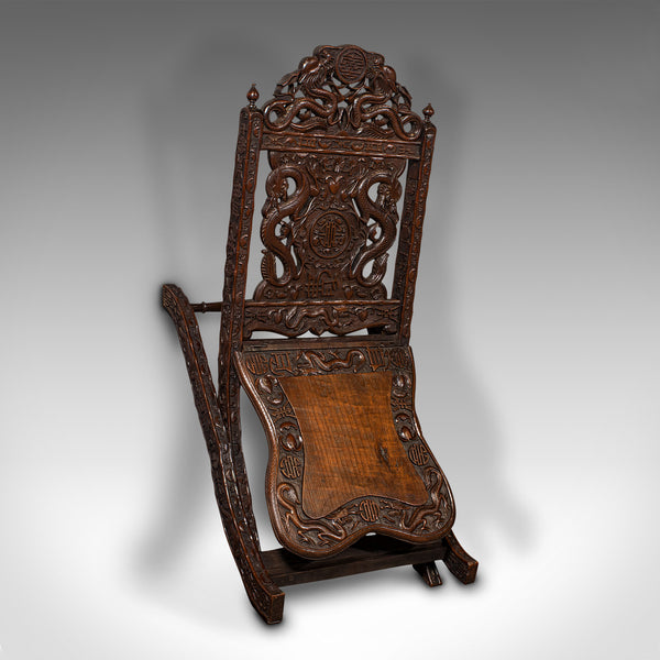 Antique Campaign Chair, Chinese, Carved, Folding Colonial Seat, Victorian, 1850