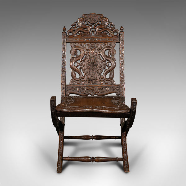 Antique Campaign Chair, Chinese, Carved, Folding Colonial Seat, Victorian, 1850
