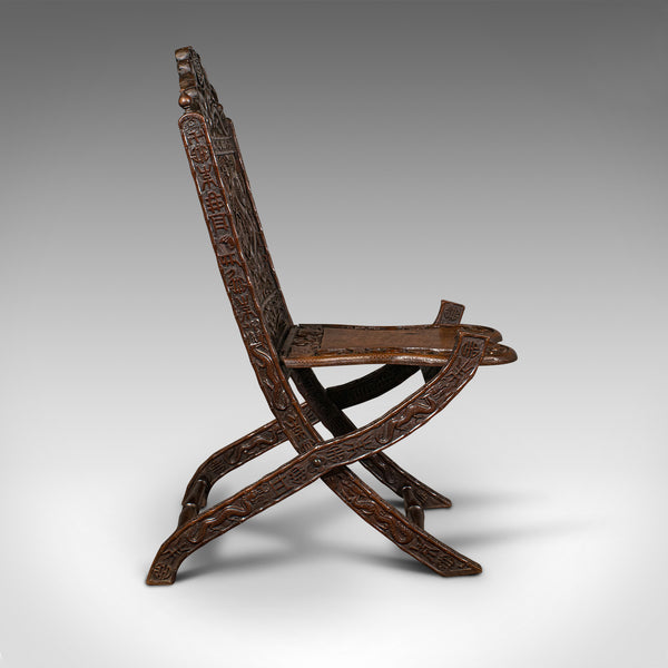 Antique Campaign Chair, Chinese, Carved, Folding Colonial Seat, Victorian, 1850