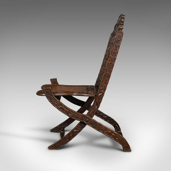 Antique Campaign Chair, Chinese, Carved, Folding Colonial Seat, Victorian, 1850