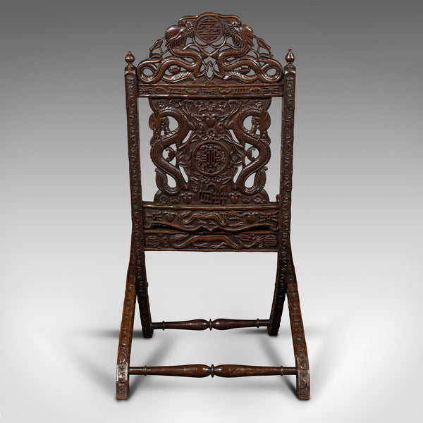 Antique Campaign Chair, Chinese, Carved, Folding Colonial Seat, Victorian, 1850