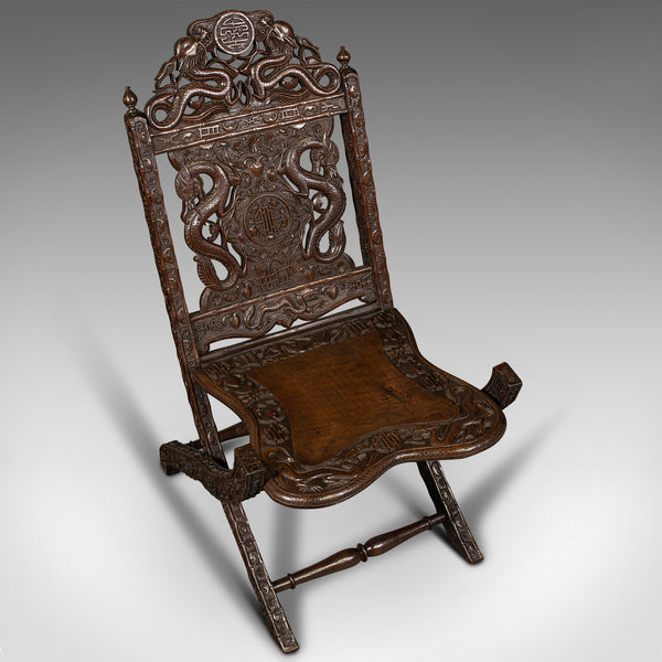 Antique Campaign Chair, Chinese, Carved, Folding Colonial Seat, Victorian, 1850