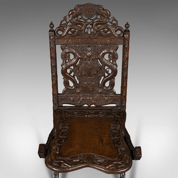 Antique Campaign Chair, Chinese, Carved, Folding Colonial Seat, Victorian, 1850