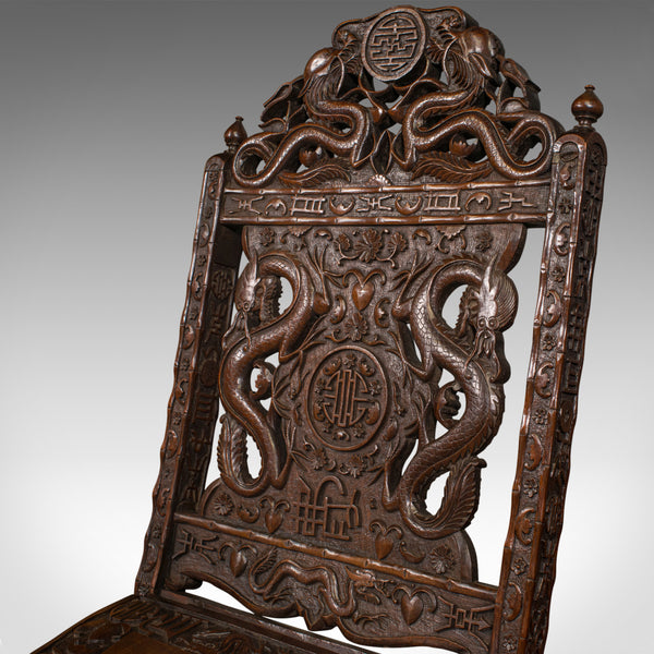 Antique Campaign Chair, Chinese, Carved, Folding Colonial Seat, Victorian, 1850