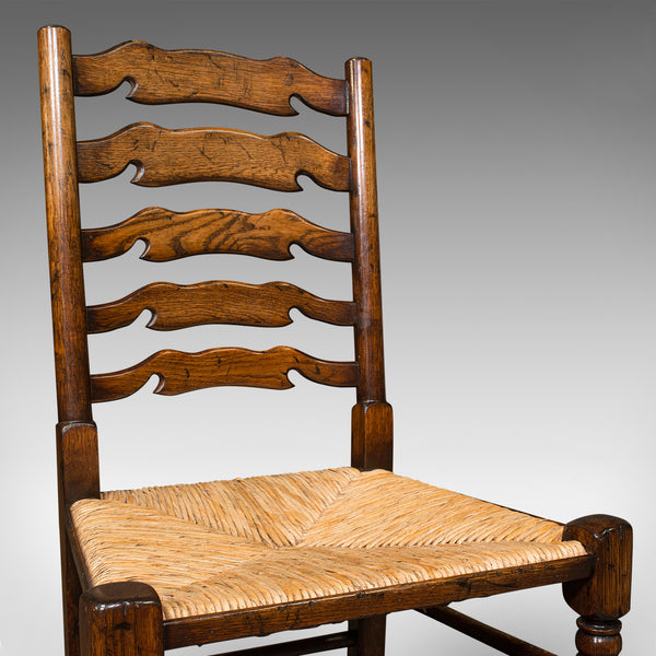 Set Of 8 Vintage Lancashire Wavy Line Ladder Back Chairs, Oak, Georgian Revival