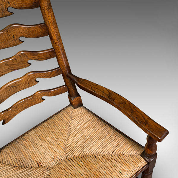 Set Of 8 Vintage Lancashire Wavy Line Ladder Back Chairs, Oak, Georgian Revival