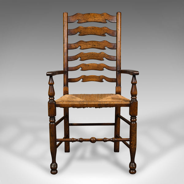 Set Of 8 Vintage Lancashire Wavy Line Ladder Back Chairs, Oak, Georgian Revival