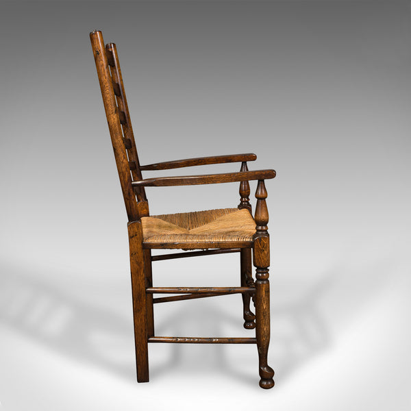 Set Of 8 Vintage Lancashire Wavy Line Ladder Back Chairs, Oak, Georgian Revival
