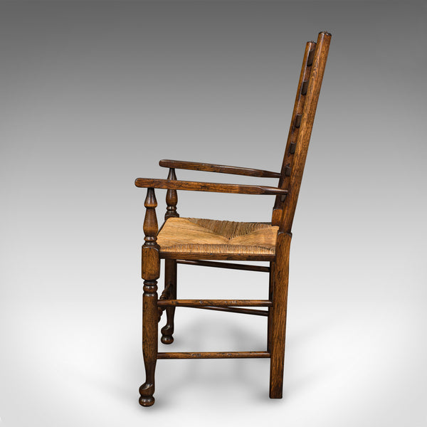 Set Of 8 Vintage Lancashire Wavy Line Ladder Back Chairs, Oak, Georgian Revival